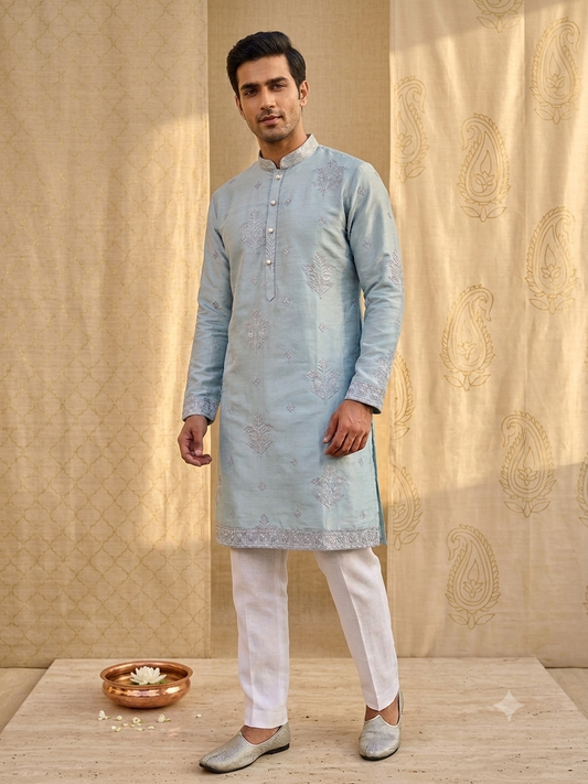 KPD6285 Silver Blue Silk Kurta Set