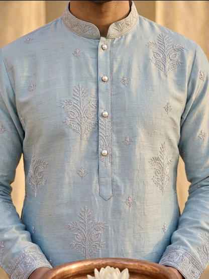 KPD6285 Silver Blue Silk Kurta Set