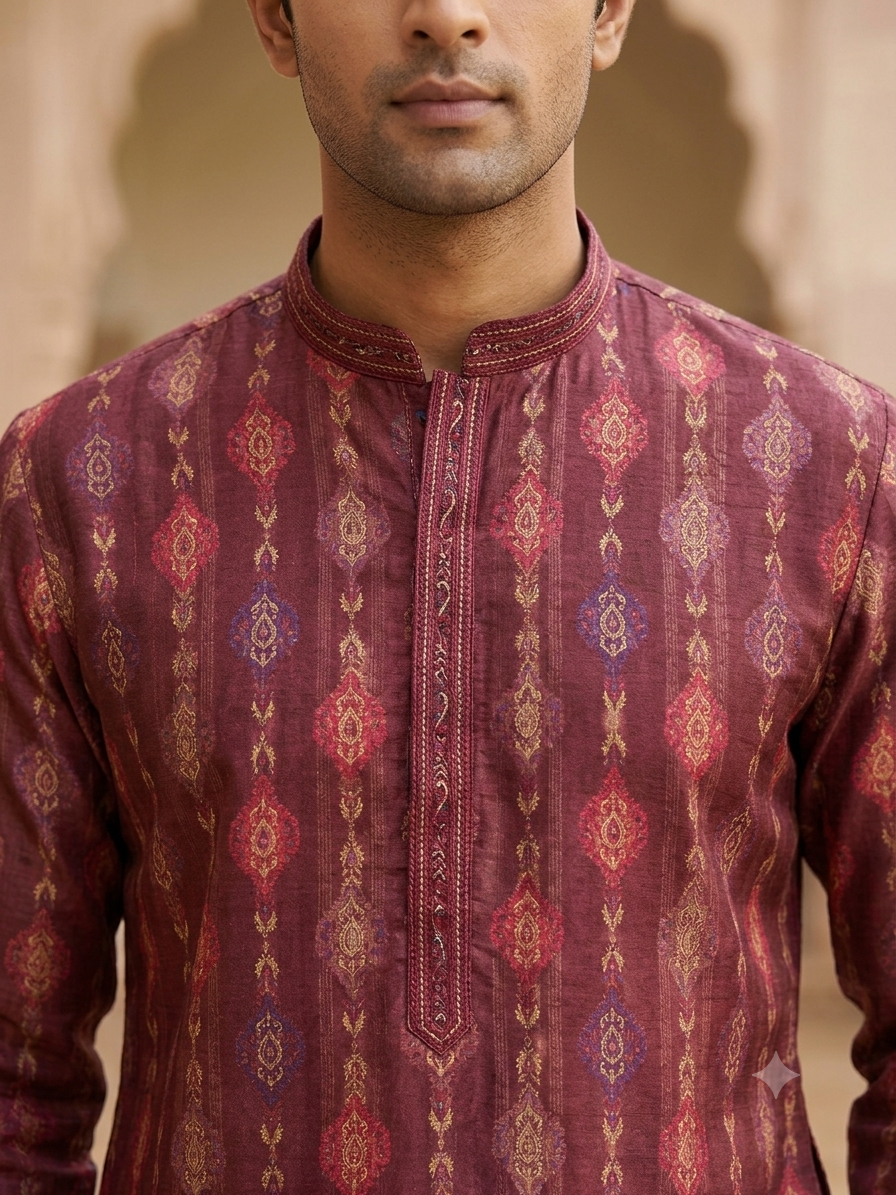 KPD6282 Royal Maroon Gold Woven Jacquard Kurta