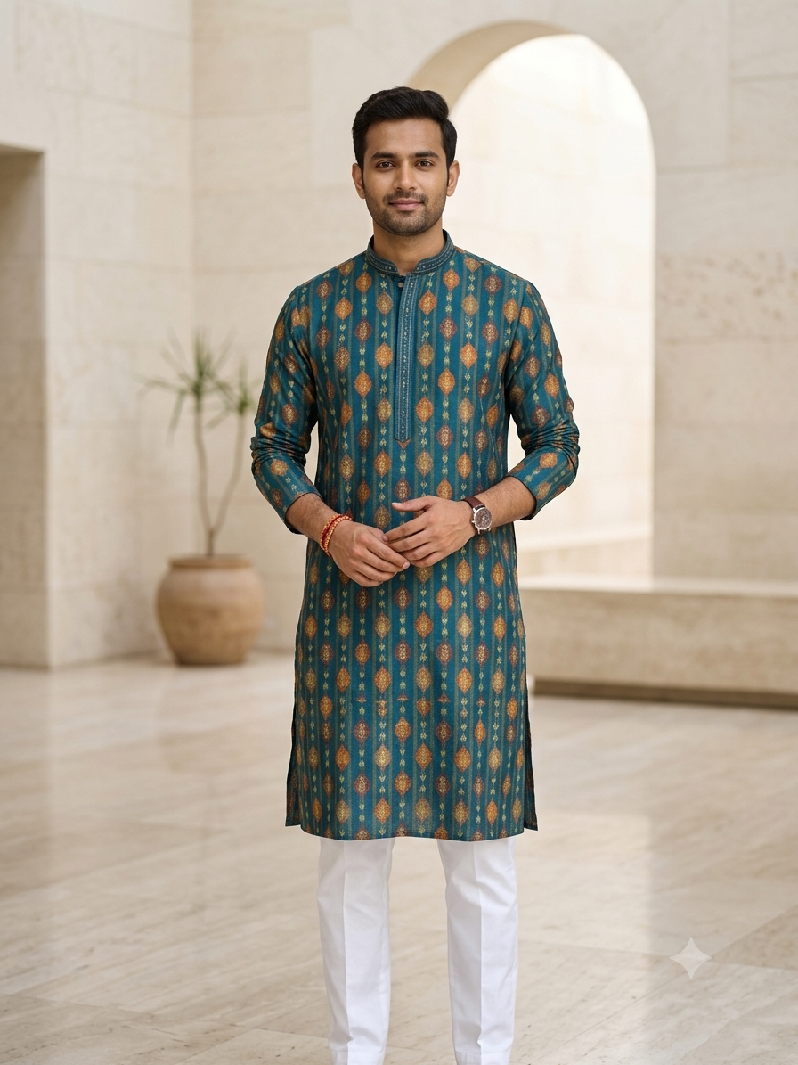 KPD6281 Teal Blue Gold Woven Jacquard Kurta