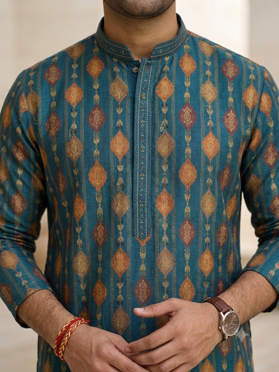 KPD6281 Teal Blue Gold Woven Jacquard Kurta