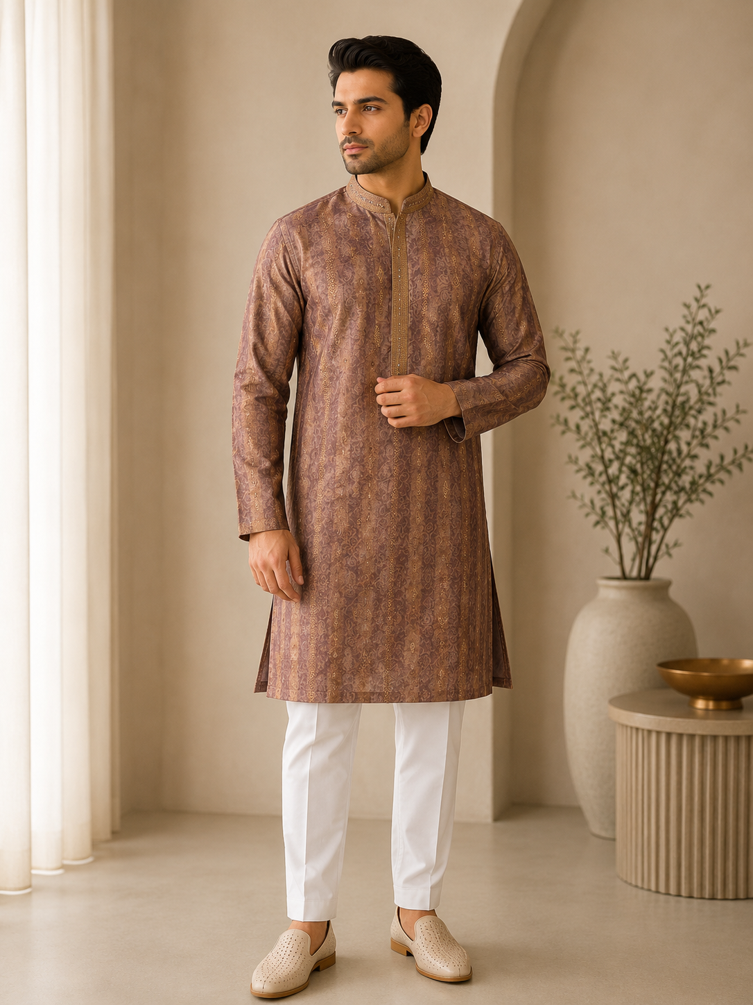 KPD6280 Mocha Brown with Subtle Gold Woven Detailing Kurta Set