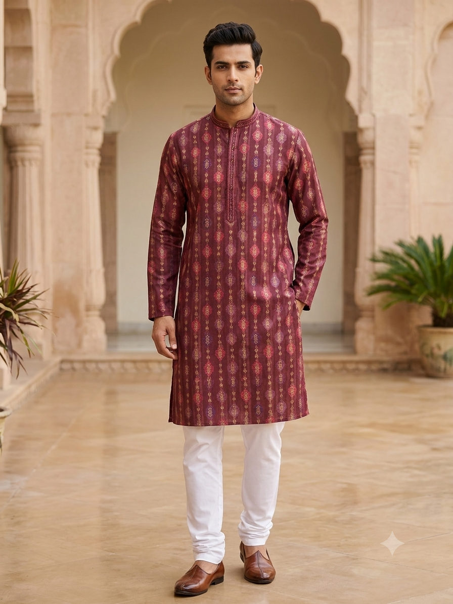 KPD6282 Royal Maroon Gold Woven Jacquard Kurta