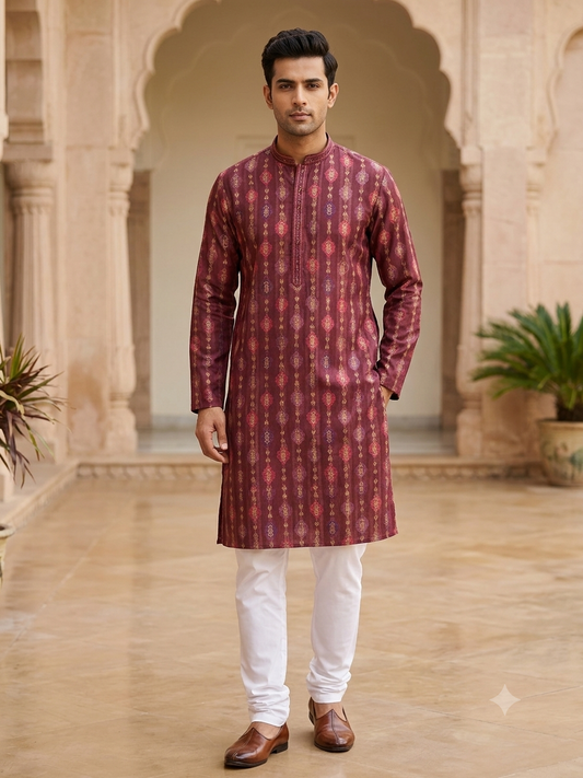 KPD6282 Royal Maroon Gold Woven Jacquard Kurta