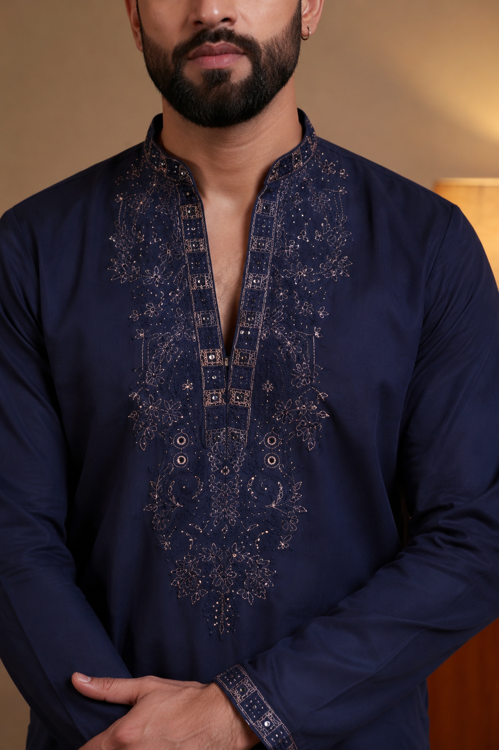 KPD6287 Midnight Navy Embroidered V-Neck Kurta