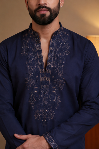 KPD6287 Midnight Navy Embroidered V-Neck Kurta