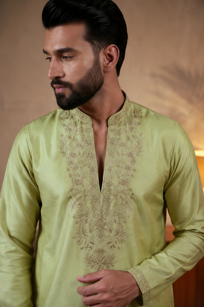 KPD6289 Pistachio Green Embroidered V-Neck Kurta