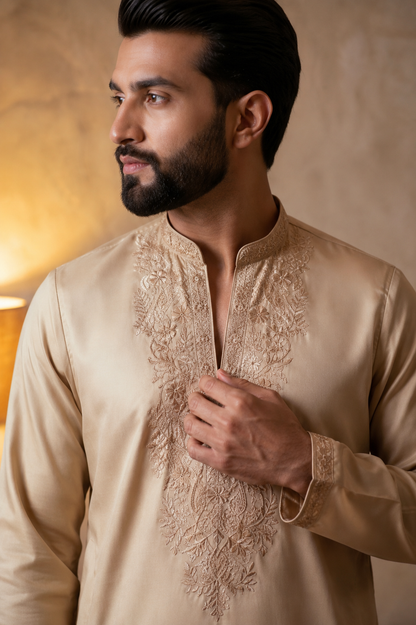 KPD6288 Champagne Beige Embroidered V-Neck Kurta