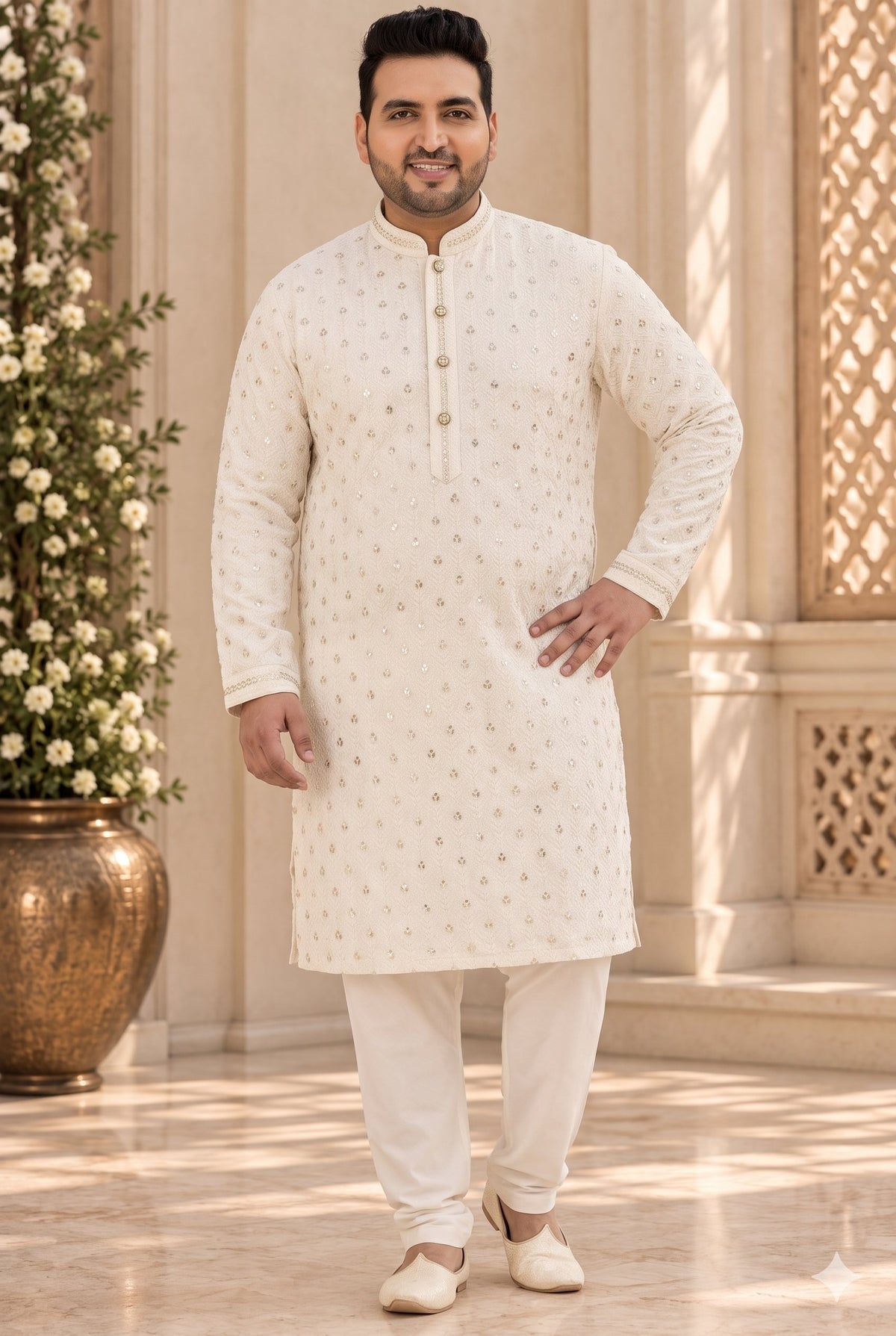 KPD4132 Plus Size Cream gold sequins work kurta with White Pyjama