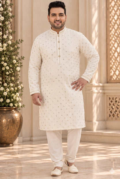 KPD4132 Plus Size Cream gold sequins work kurta with White Pyjama