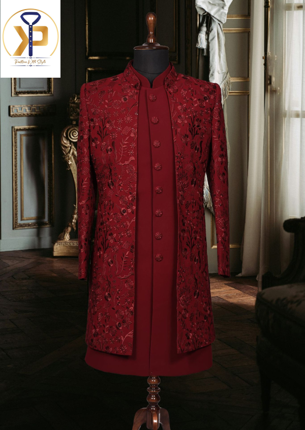 dark red indo western set for men