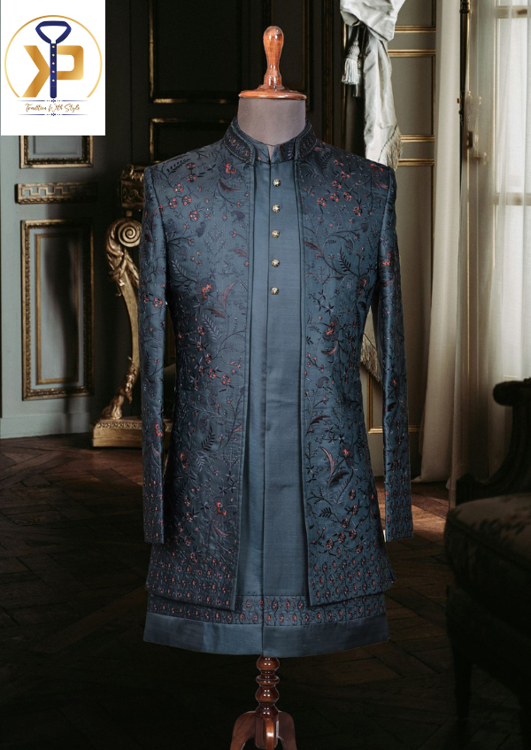 designer dark teal indo western set for men