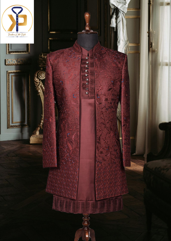 designer dark red indo western set for men