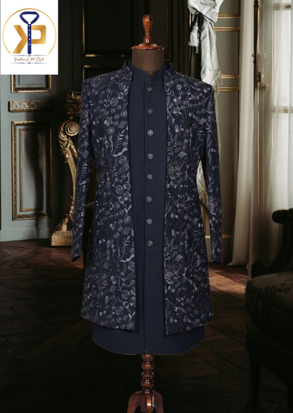 dark blue indo western set for men