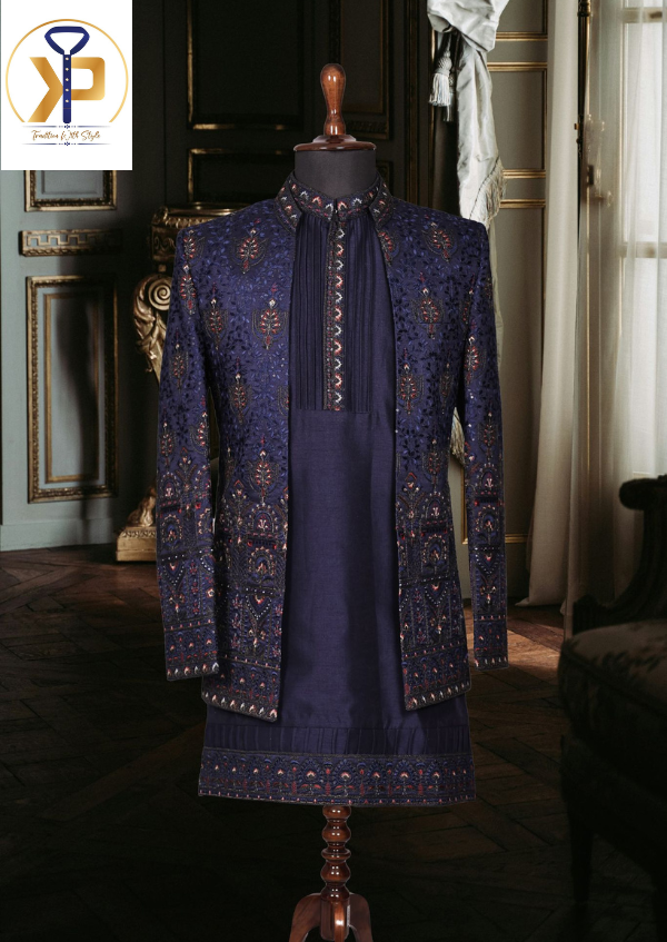 blue designer indo western set for men