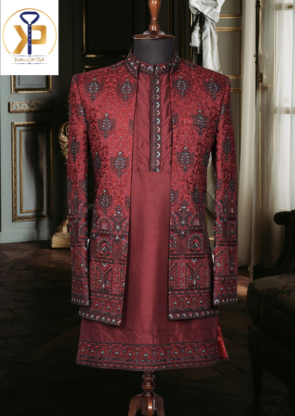 red indo western set for men