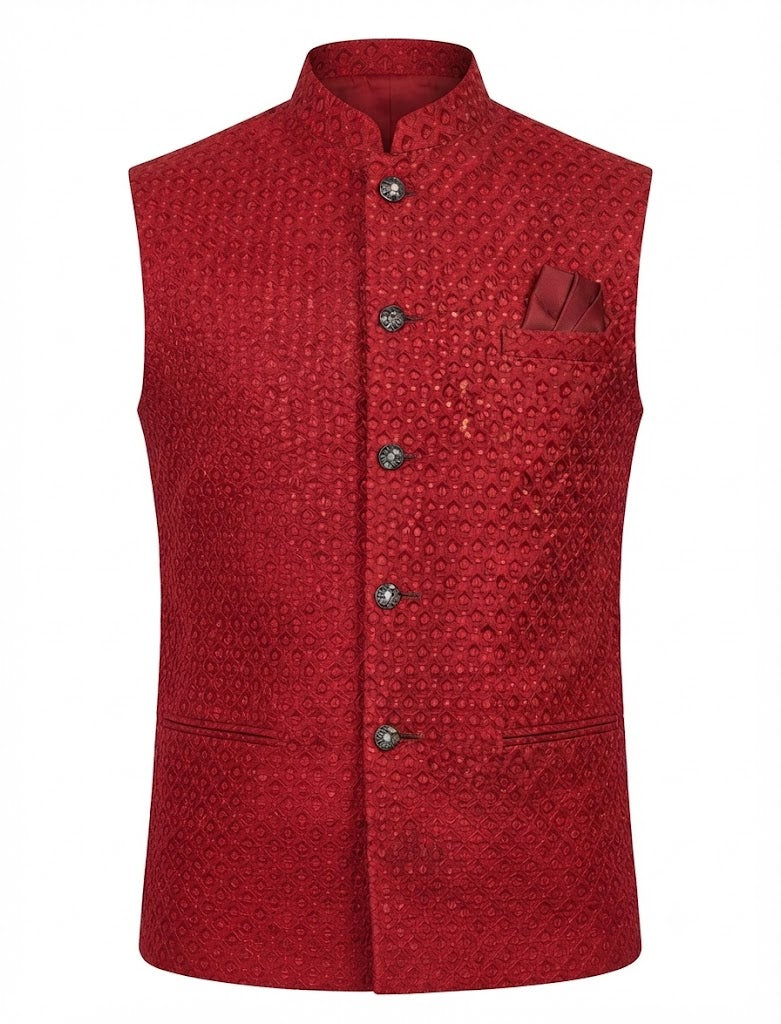 KPJ7102 Red Work Nehru Jacket