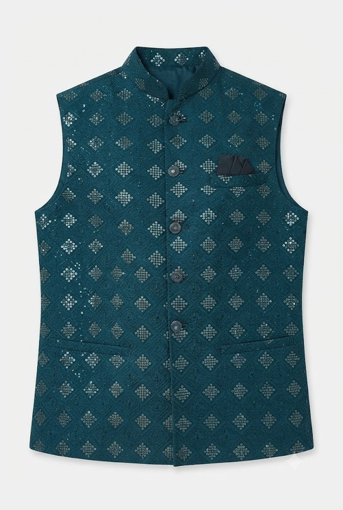KPJ7100 Teal Heavy Sequins Work Nehru Jacket