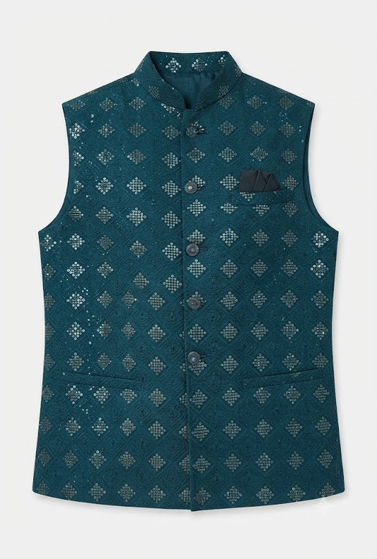 KPJ7100 Teal Heavy Sequins Work Nehru Jacket