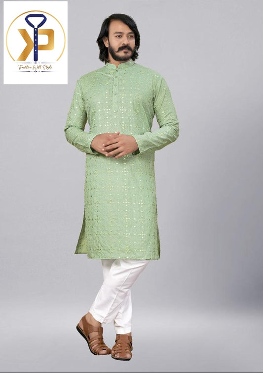 Men Green Mirror Design Kurta Pyjama Set