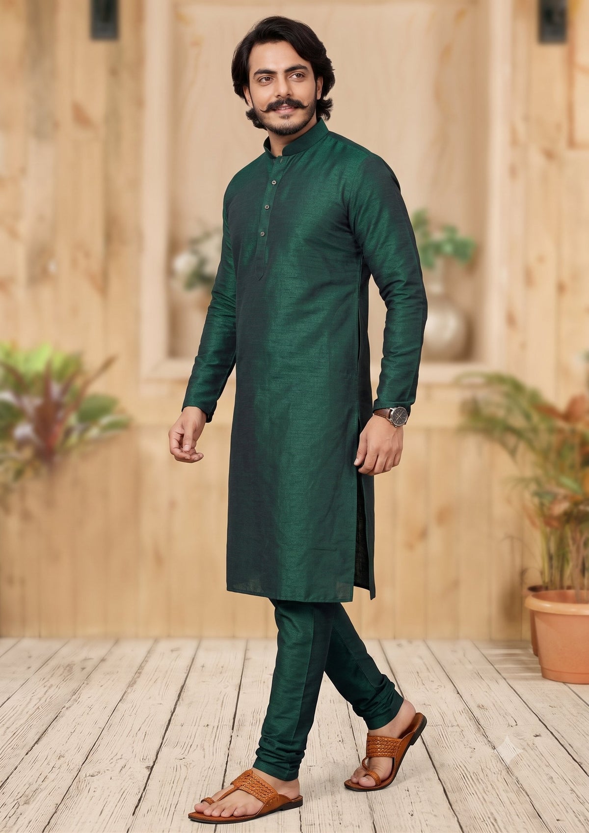 KPC1007 Plain Green Kurta Pyjama Set