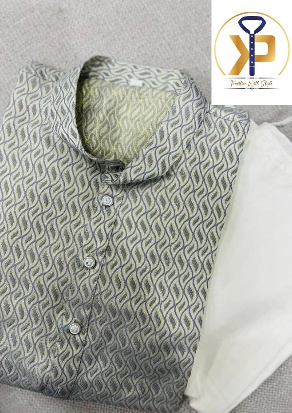 plus size grey kurta white pyjama set with embroidery