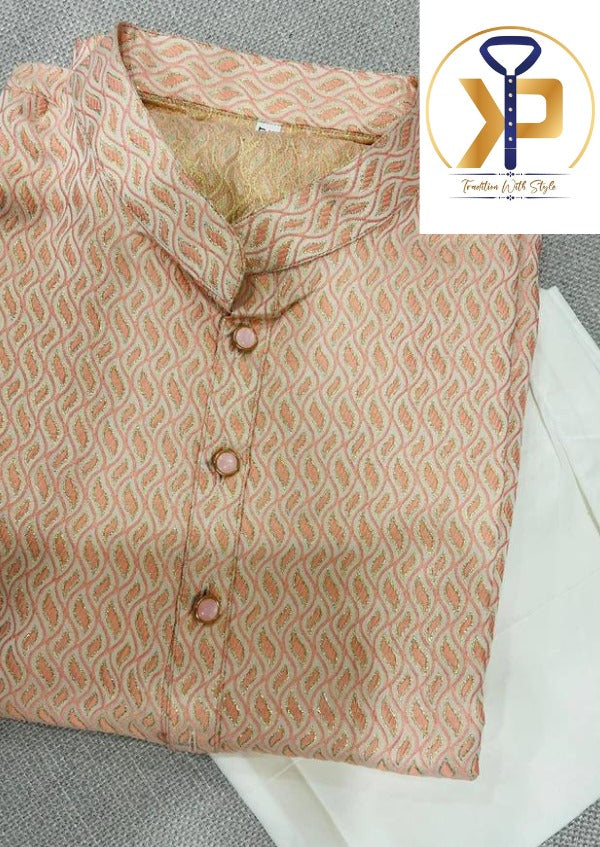 peach color kurta pyjama set with jarkan