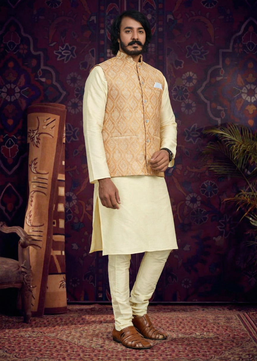 KPD2022 Cream Kurta Pyjama Set With Designer Golden Floral Jacket (Koti) and Pocket Square