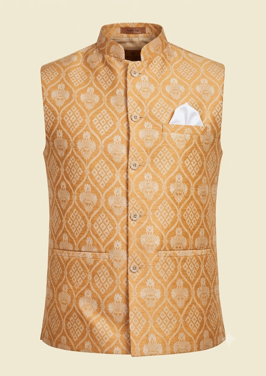 KPD2022 Cream Kurta Pyjama Set With Designer Golden Floral Jacket (Koti) and Pocket Square