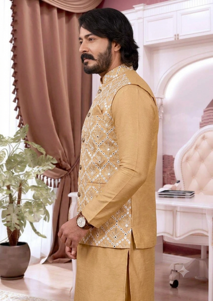 KPD2053 Golden Kurta Pyjama Set With Designer Mirror Work Jacket (Koti) and Pocket Square