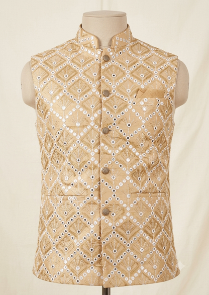 KPD2053 Golden Kurta Pyjama Set With Designer Mirror Work Jacket (Koti) and Pocket Square