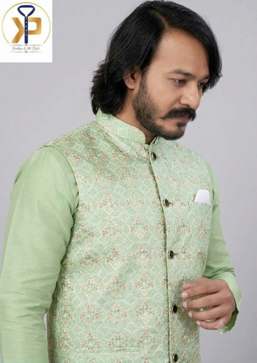 KPD2054 Light Green Kurta and Nehru Jacket Set