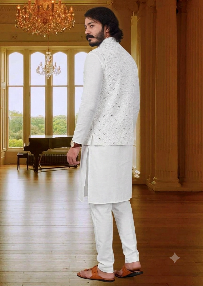 KPD2055 White Kurta Pyjama Set With Designer White Jacket (Koti) and Pocket Square