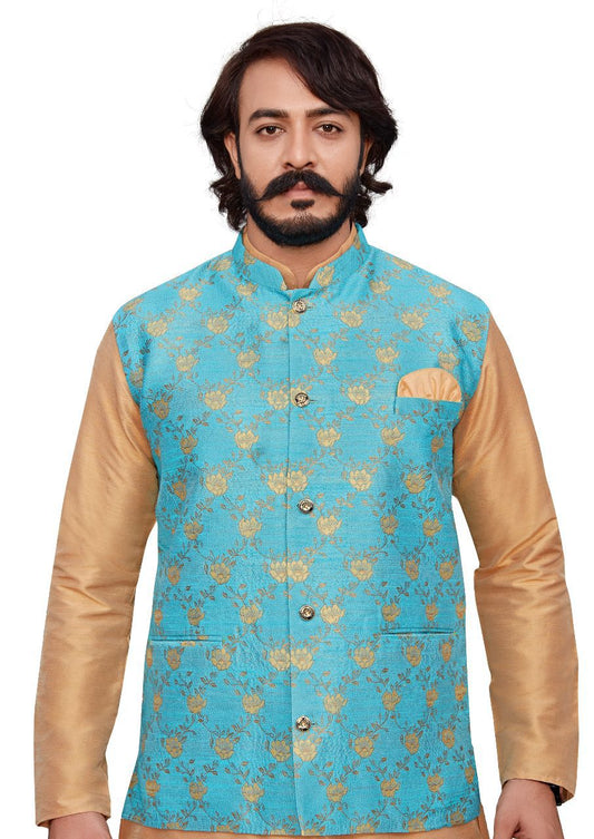 Gold Kurta Pyjama Set With Designer Cyan Floral Jacket (Koti) and Pocket Square