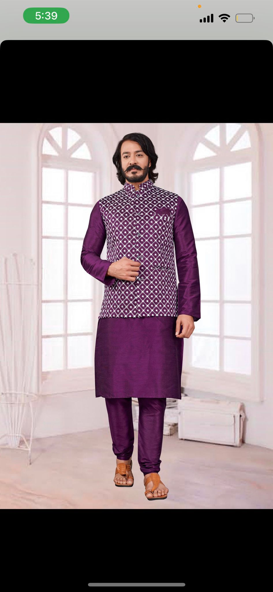 Purple Kurta Pyjama Set With Designer Mirror Work Jacket (Koti) and Pocket Square