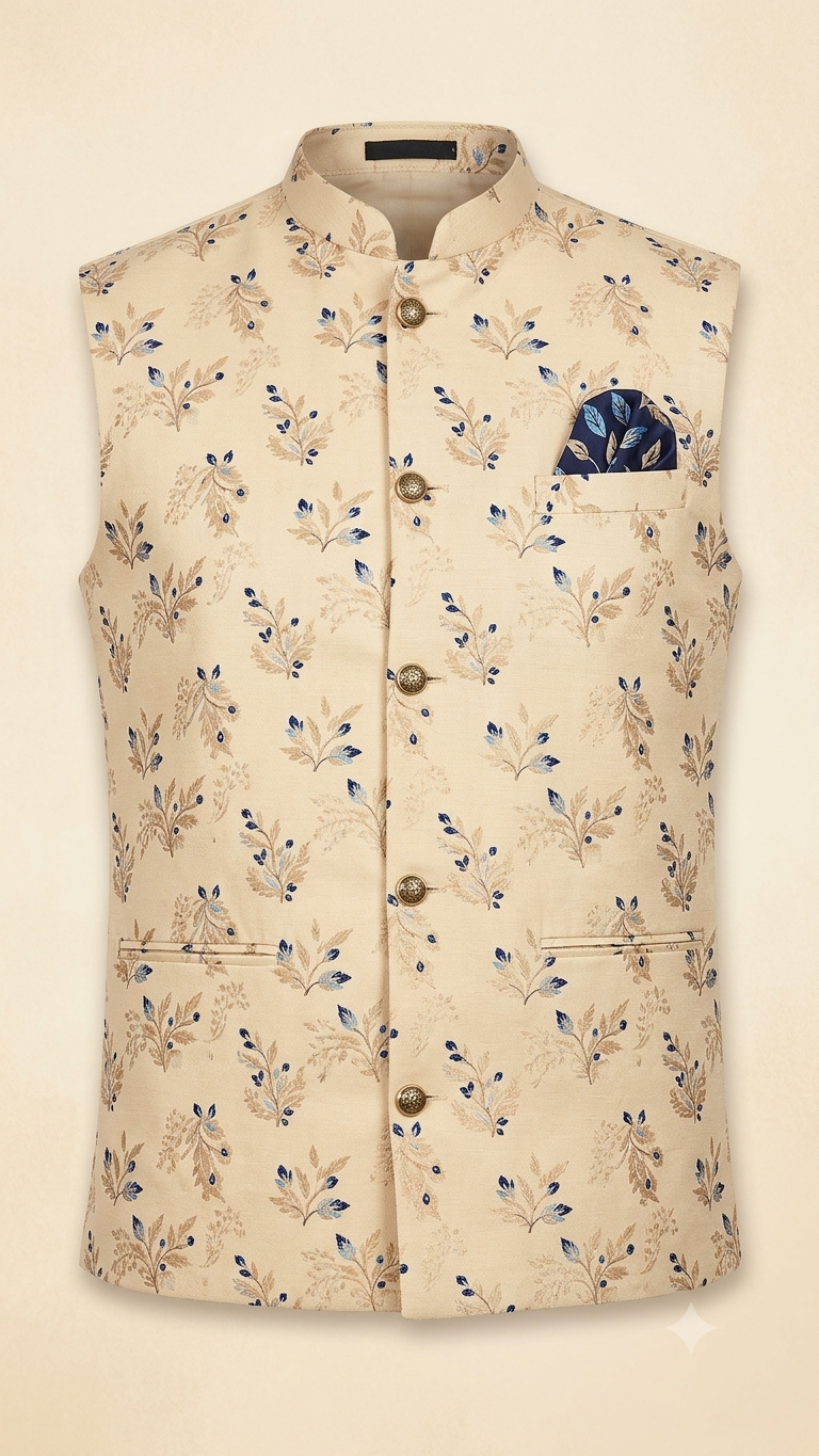 KPD2062 Blue Kurta Pyjama Set With Designer Golden Jacket (Koti) and Pocket Square