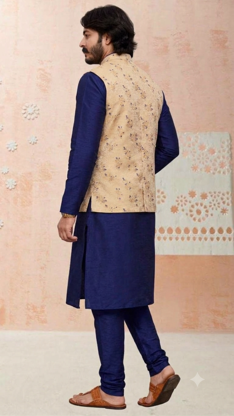 KPD2062 Blue Kurta Pyjama Set With Designer Golden Jacket (Koti) and Pocket Square