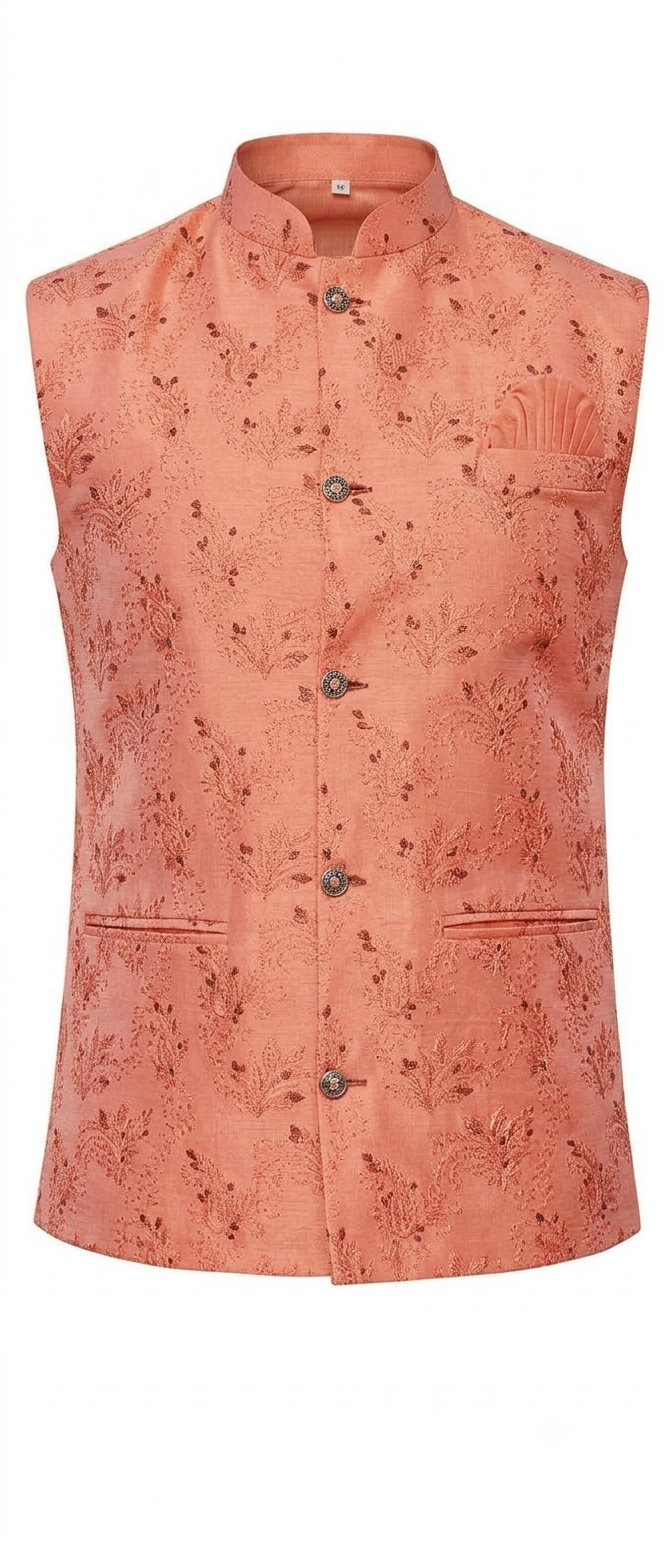 KPD2063 Peach Kurta Pyjama Set With Designer Peach Jacket (Koti) and Pocket Square