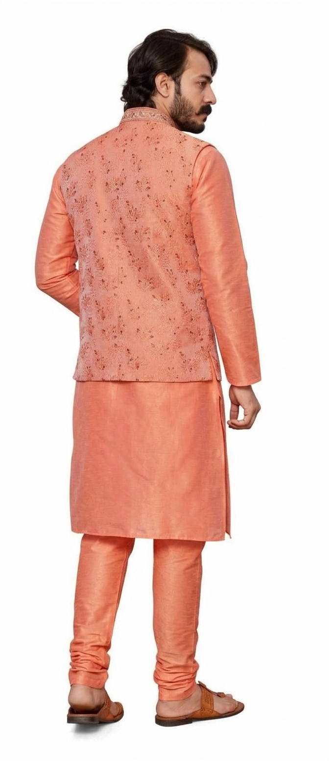 KPD2063 Peach Kurta Pyjama Set With Designer Peach Jacket (Koti) and Pocket Square