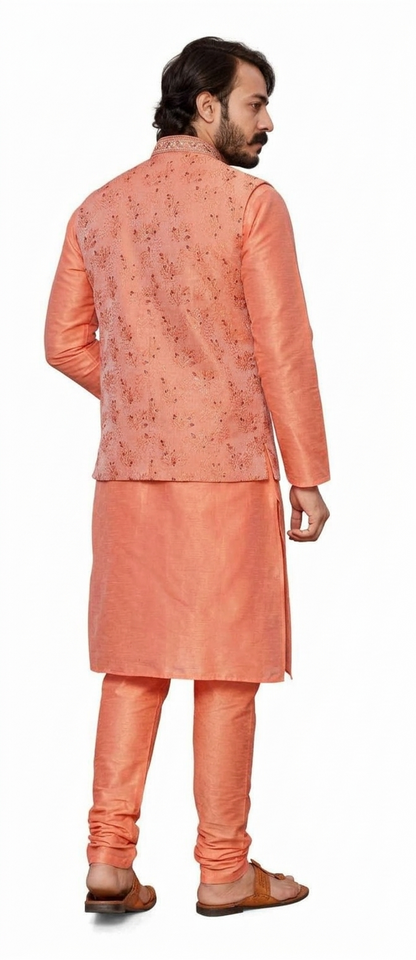 KPD2063 Peach Kurta Pyjama Set With Designer Peach Jacket (Koti) and Pocket Square