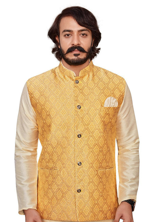 Cream Kurta Pyjama Set With Designer Peach Floral Jacket (Koti) and Pocket Square