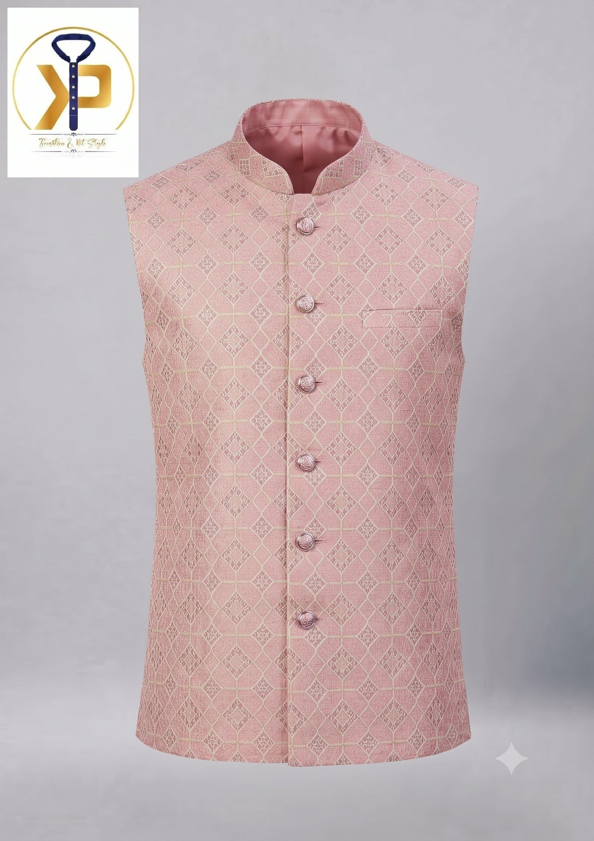 KPD2073 Men Pink Kurta Polo Pant Set With Designer Work Matching Jacket
