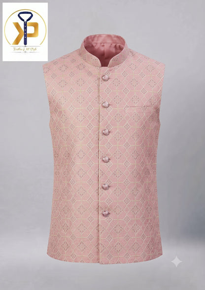 KPD2073 Men Pink Kurta Polo Pant Set With Designer Work Matching Jacket