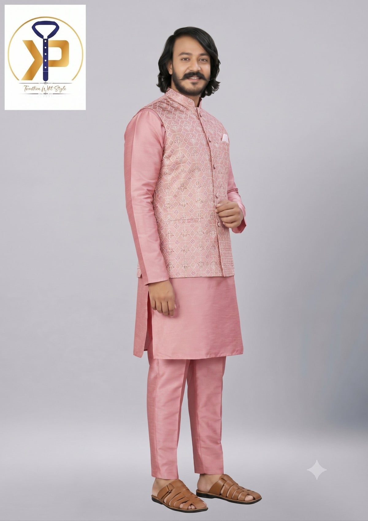 KPD2073 Men Pink Kurta Polo Pant Set With Designer Work Matching Jacket