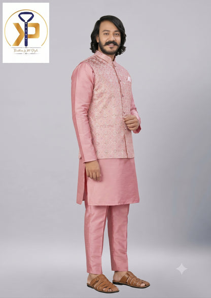KPD2073 Men Pink Kurta Polo Pant Set With Designer Work Matching Jacket
