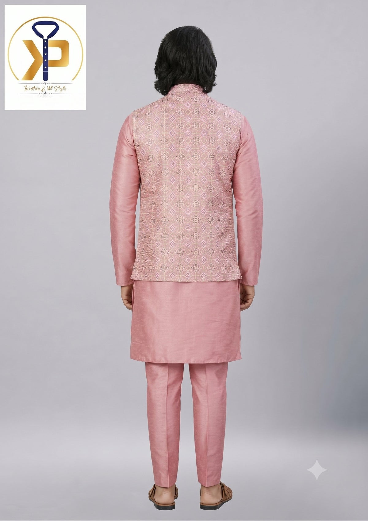 KPD2073 Men Pink Kurta Polo Pant Set With Designer Work Matching Jacket