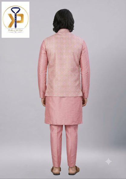 KPD2073 Men Pink Kurta Polo Pant Set With Designer Work Matching Jacket
