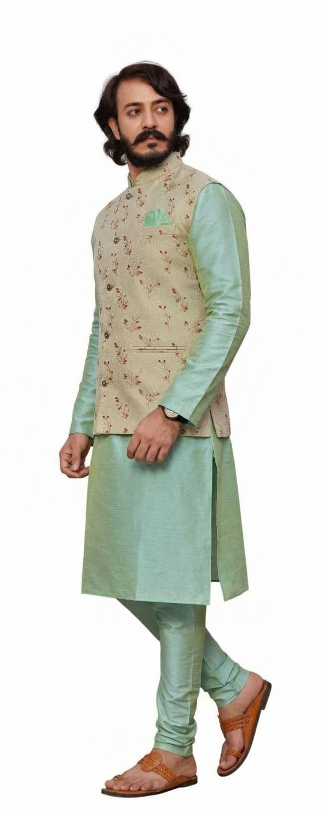 KPD2084 Light Green Kurta Pyjama Set With Designer Beige Jacket (Koti) and Pocket Square