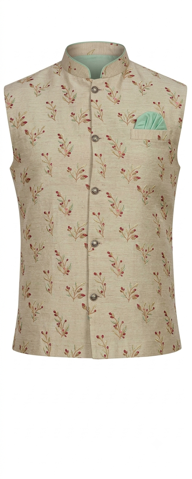 KPD2084 Light Green Kurta Pyjama Set With Designer Beige Jacket (Koti) and Pocket Square