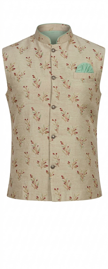 KPD2084 Light Green Kurta Pyjama Set With Designer Beige Jacket (Koti) and Pocket Square